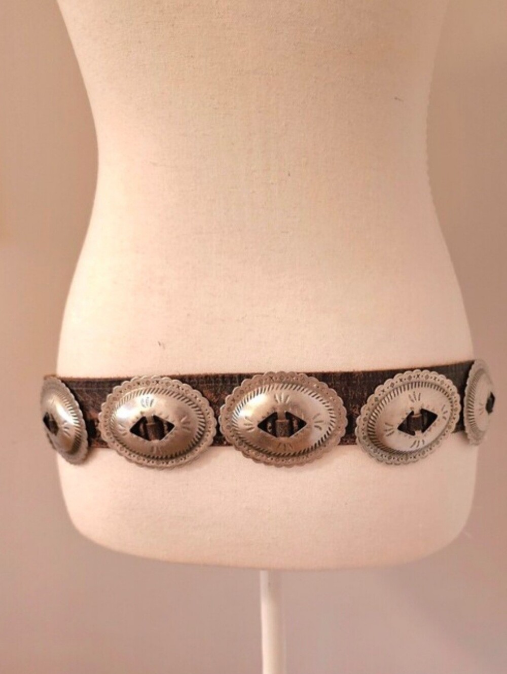 Vintage Handmade Southwestern Concho Belt | Rustic Brown Leather | Western Boho - Picture 5 of 15